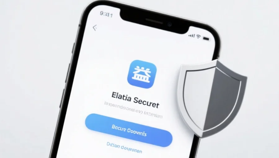 一部现代智能手机屏幕上显示星亿应用的安全下载界面,旁边有安全盾牌图标,背景简洁