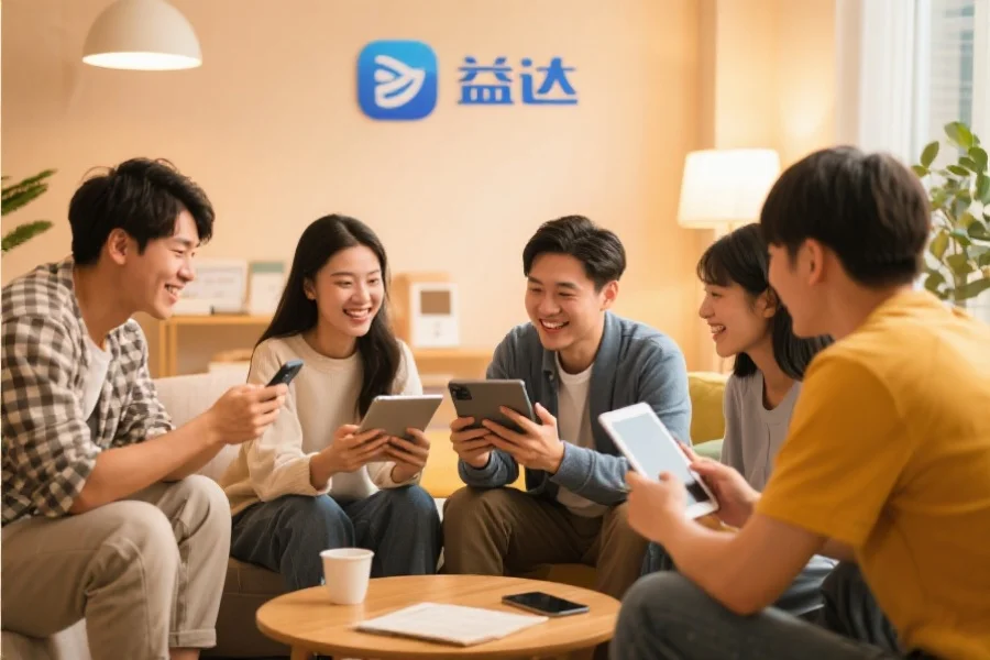 一群年轻用户围坐在一起，使用平板和手机愉快地交流，背景温馨现代，象征星亿应用的社区活跃氛围